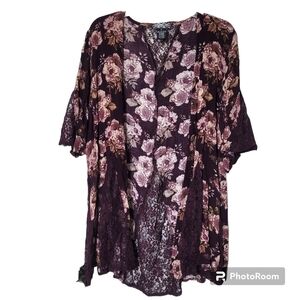 Belle Tweed Purple Floral Open Front Kimono Cardigan Lace Details XL